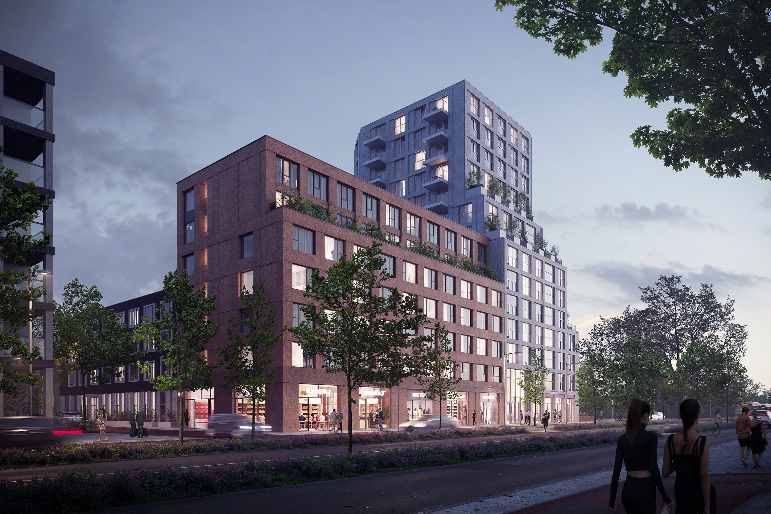 Artist Impression blok IVY in de avond in Amsterdam