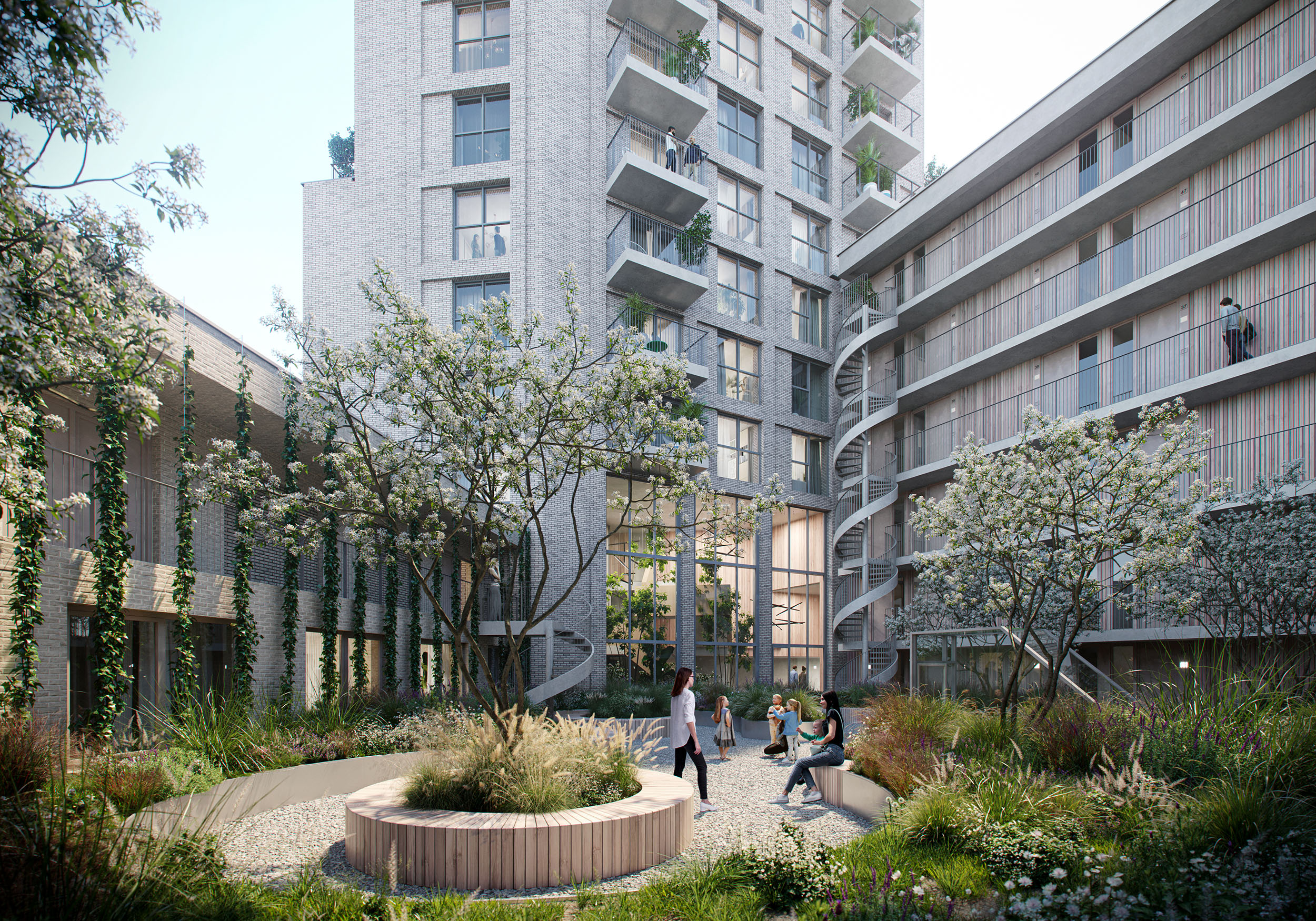 De groene binnentuin van blok IVY aan de Klimopweg, Amsterdam